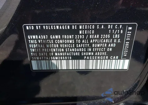 2016 Volkswagen Jetta 2.0T Gli Se из США, поврежденный, VIN 3VW4T7AJ3GM285919